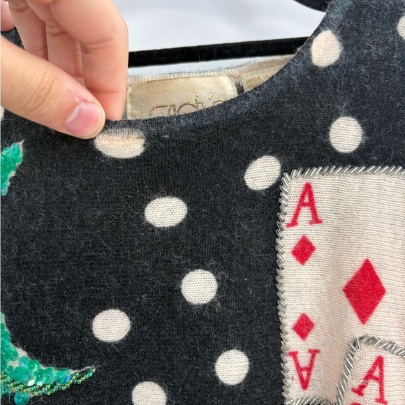 Cache Y2K Beaded Vintage Lambswool Ace Cards Christmas Cowl Sweater Size Small - Picture 9 of 15